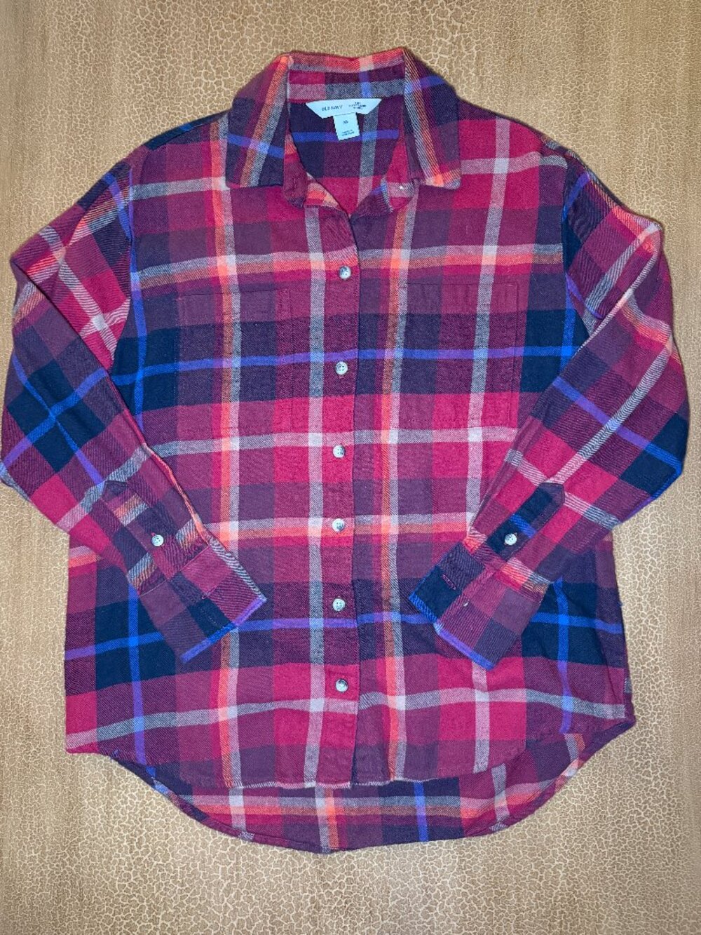 Old Navy "The Boyfriend Shirt" Button Down Red Black Orange Plaid - Size XS